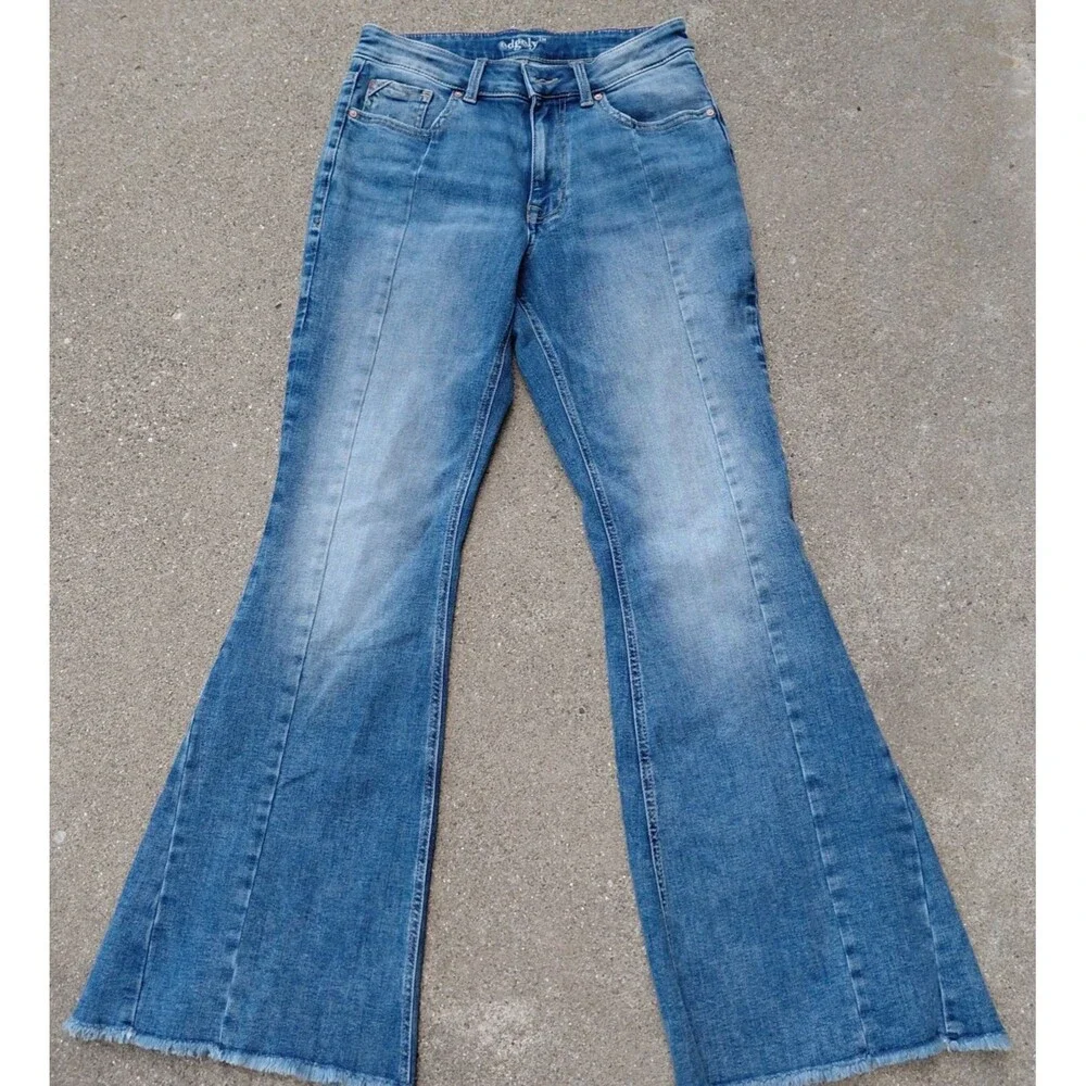 Edgely Flare Jeans Womens 10 Blue Denim High Rise Front Seam Raw Hem Comfort